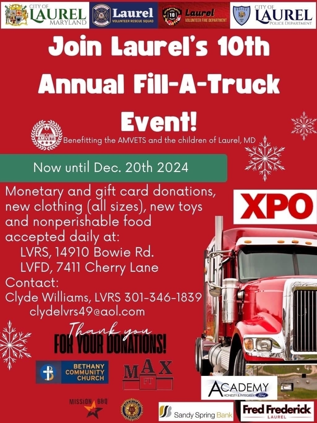 Auto-generated description: A community event poster promotes Join Laurel's 10th Annual Fill-A-Truck Event, encouraging donations for monetary support, clothing, toys, and food for AMVETS and children, with various sponsors and contact information provided.