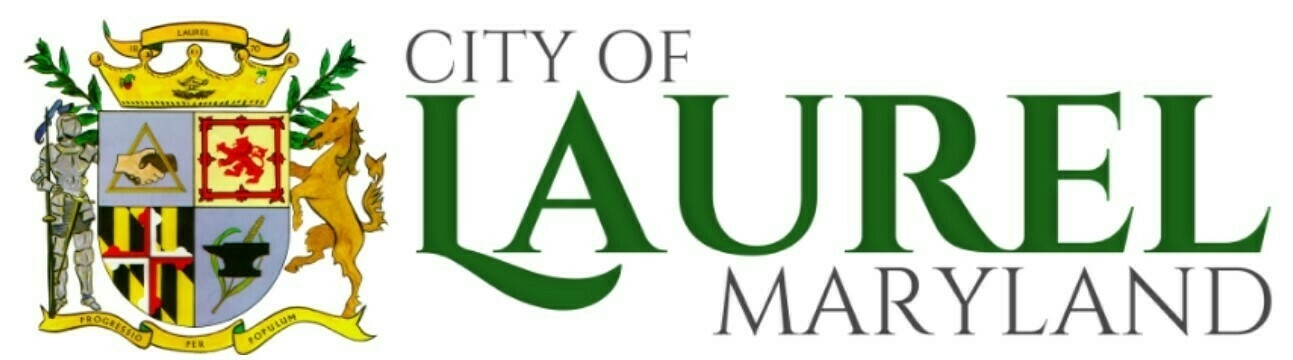 Auto-generated description: Official seal and logo of the City of Laurel, Maryland, featuring a coat of arms and the city's name.