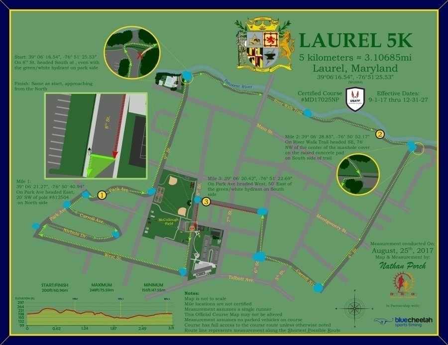 Auto-generated description: A detailed map illustrates the route and important landmarks for the Laurel 5K event, including elevation changes, hydration points, and critical intersections.