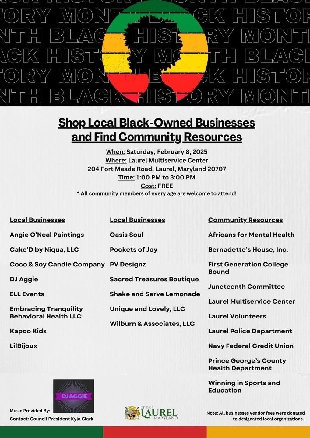 Auto-generated description: Flyer promoting a Black History Month event featuring local Black-owned businesses and community resources on February 8, 2025, at the Laurel Multiservice Center.