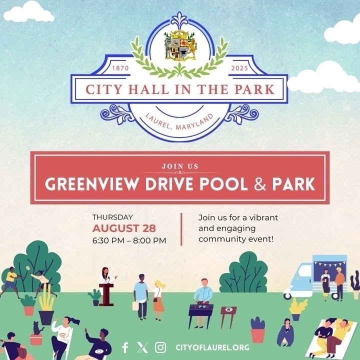 Auto-generated description: A community event poster for City Hall in the Park in Laurel, Maryland, features people engaging in various park activities and invites the public to a gathering at Greenview Drive Pool & Park on Thursday, August 28.