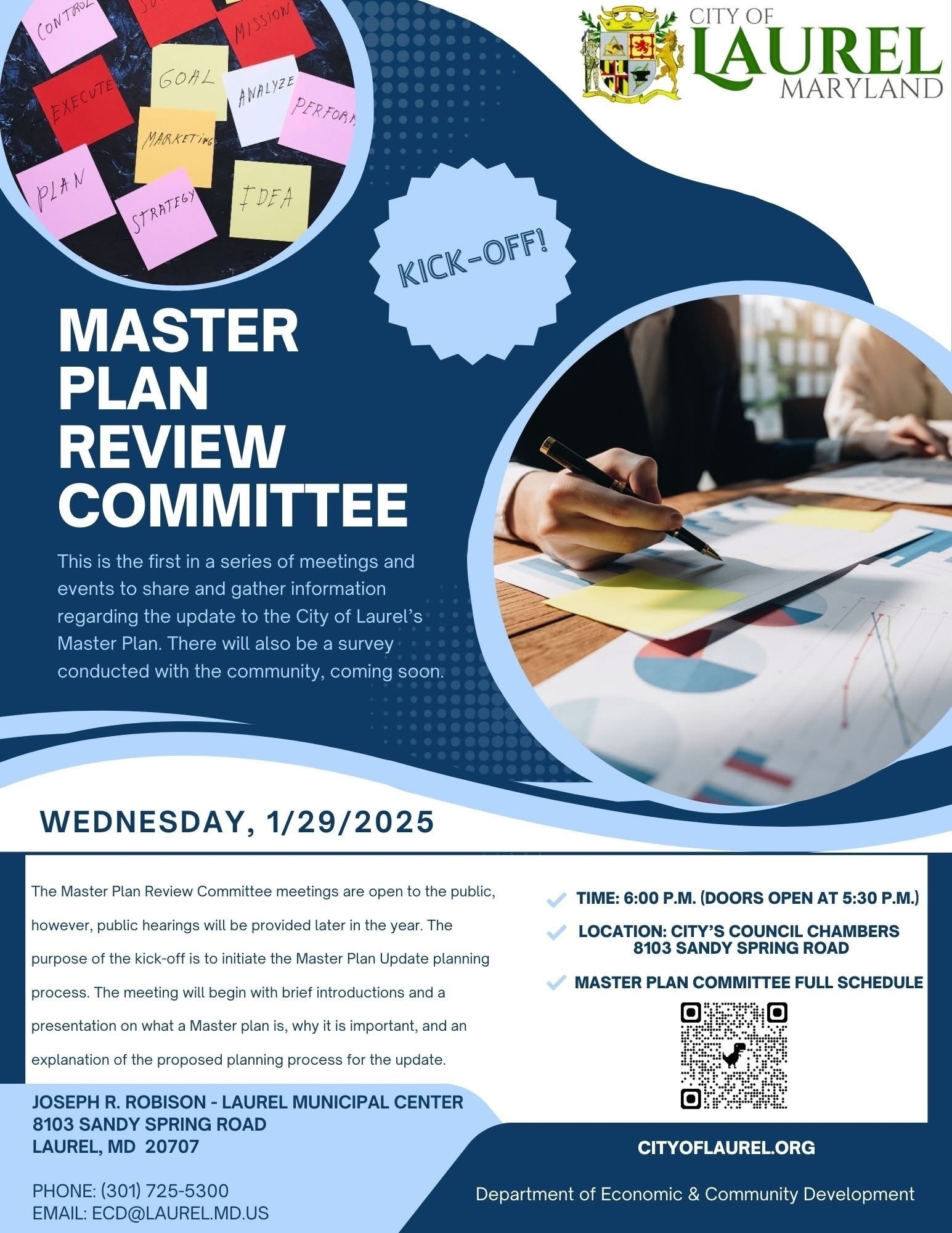 Auto-generated description: A flyer announces the kickoff meeting for the Master Plan Review Committee in Laurel, Maryland, detailing the event date, location, and contact information.