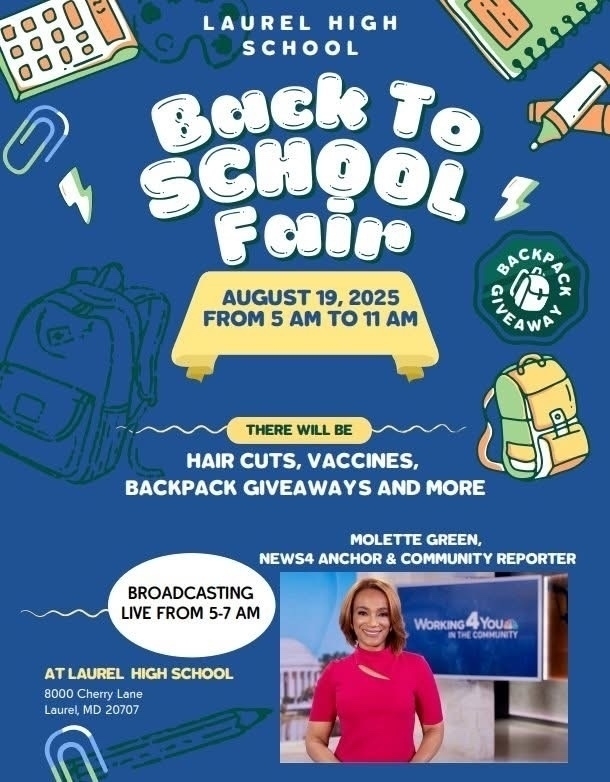 Auto-generated description: A flyer for Laurel High School's Back to School Fair on August 19, 2025, featuring details about haircuts, vaccines, and giveaways, with a highlighted guest, Molette Green.