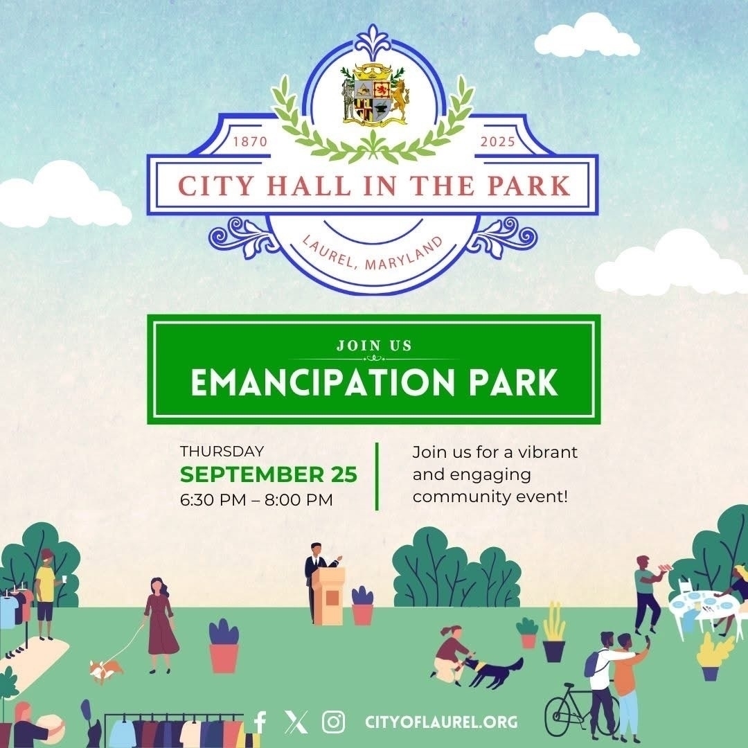 Auto-generated description: A promotional graphic for a community event at Emancipation Park in Laurel, Maryland, features a park illustration with people and event details for September 25th.