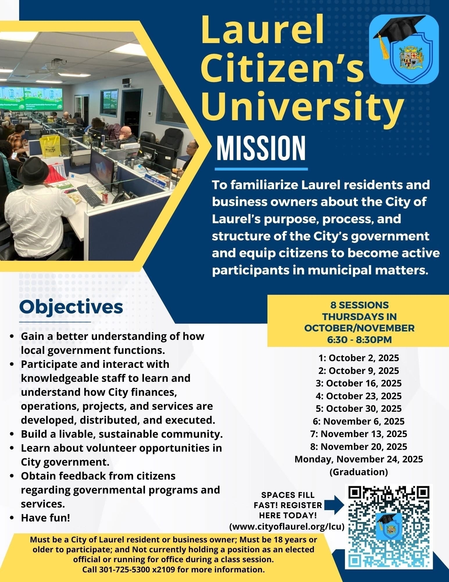Auto-generated description: A flyer for Laurel Citizen's University provides details about its mission, objectives, and session dates.
