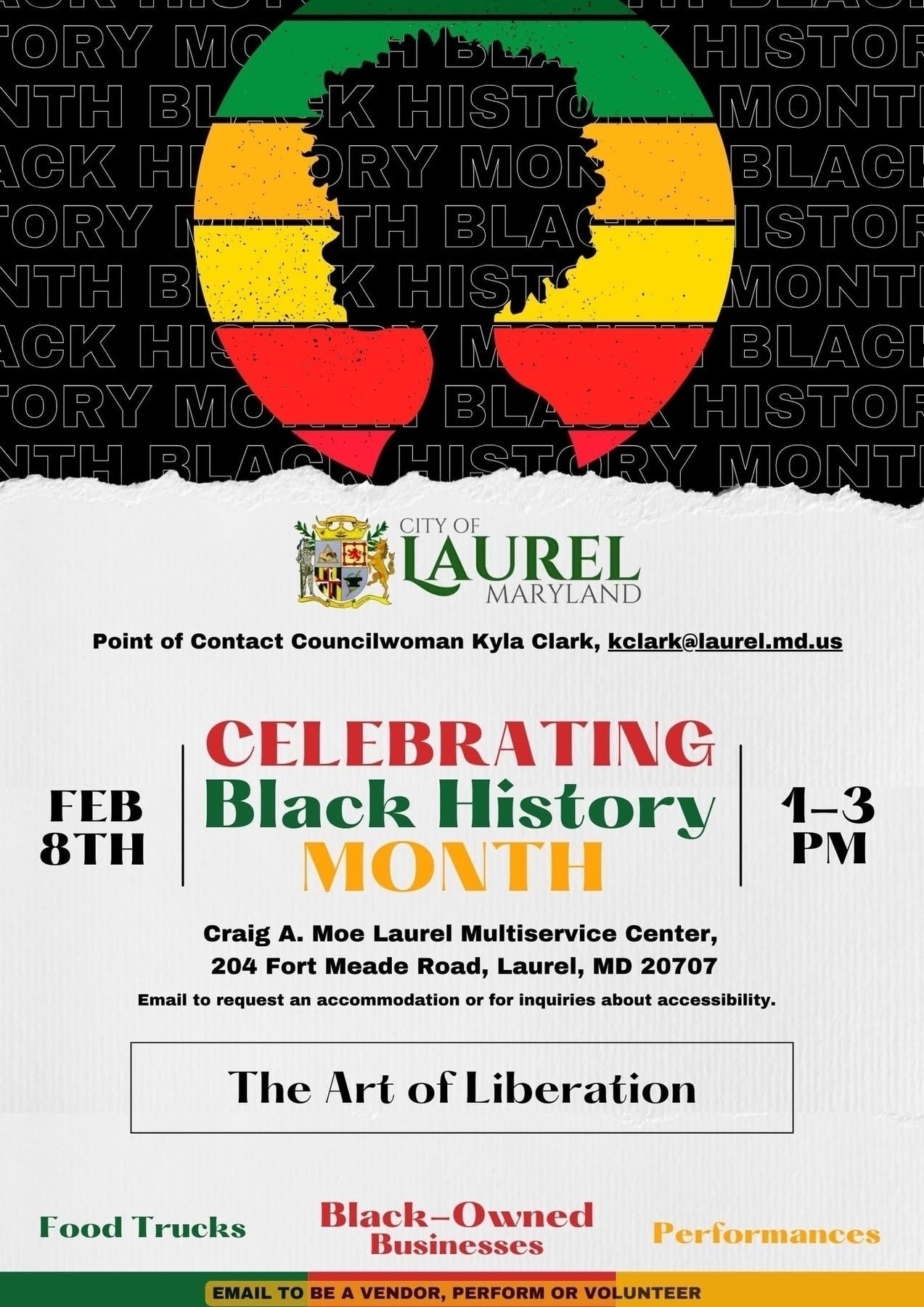 Auto-generated description: A flyer announces a Black History Month celebration on February 8th in Laurel, Maryland, featuring food trucks, black-owned businesses, and performances.