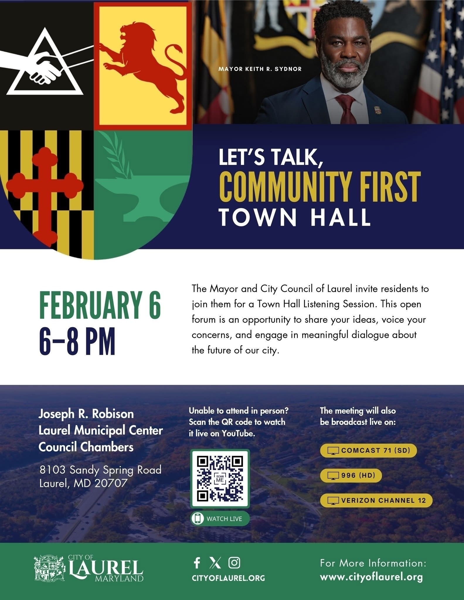 Auto-generated description: A town hall event titled Let's Talk, Community First is scheduled for February 6, featuring Mayor Keith R. Sydnor, with information on location, timing, and livestream options.