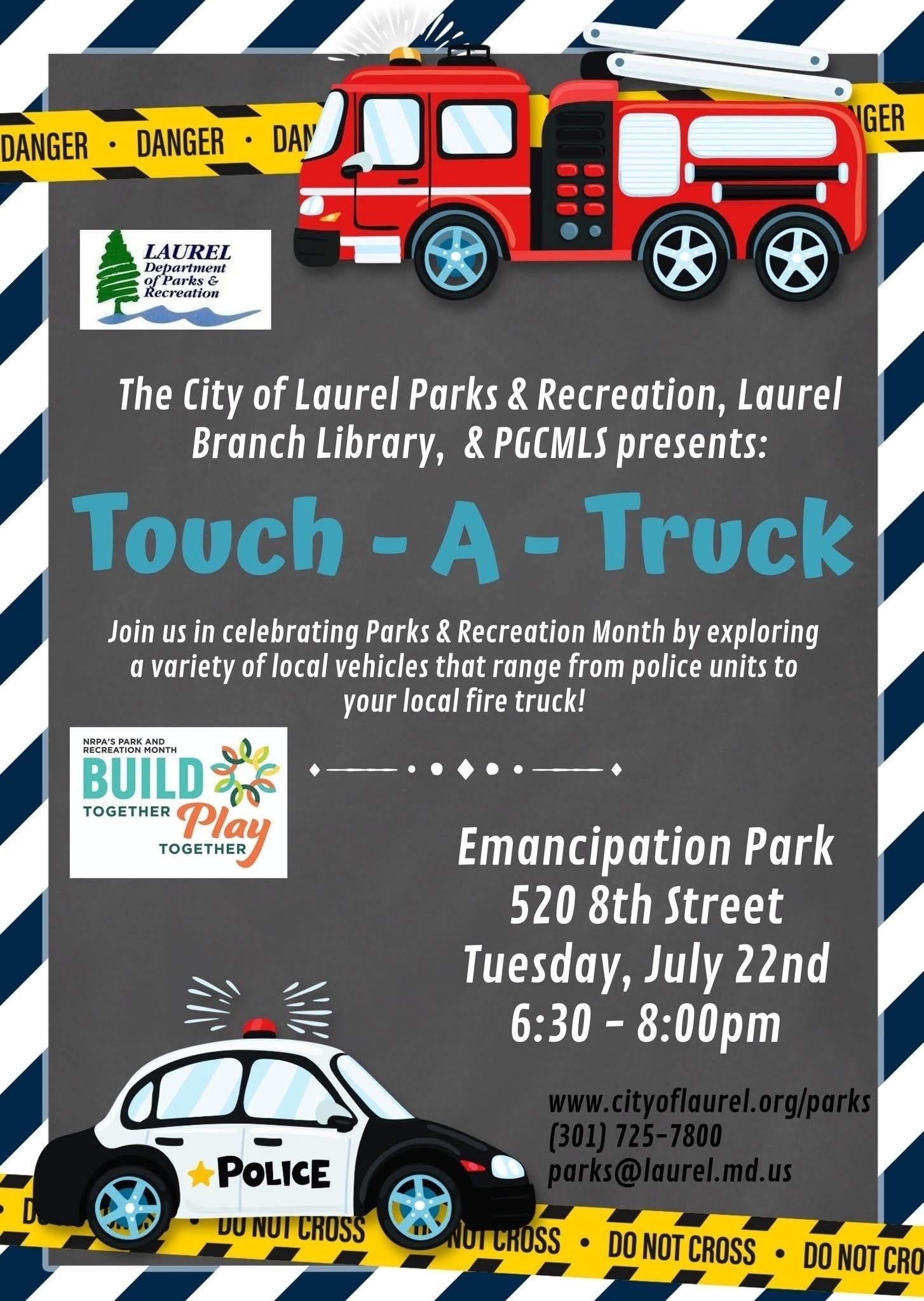 Auto-generated description: A poster for a Touch-A-Truck event at Emancipation Park features illustrations of a fire truck, police car, and event details, emphasizing safety and community engagement.