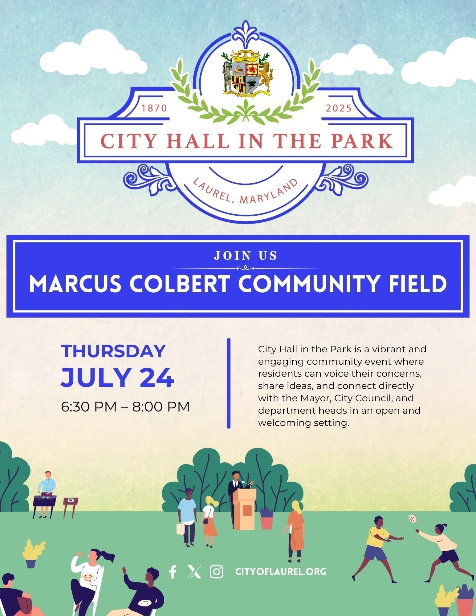 Auto-generated description: A community event flyer details City Hall in the Park in Laurel, Maryland, scheduled for Thursday, July 24, at Marcus Colbert Community Field from 6:30 PM to 8:00 PM with illustrations of people enjoying outdoor activities.