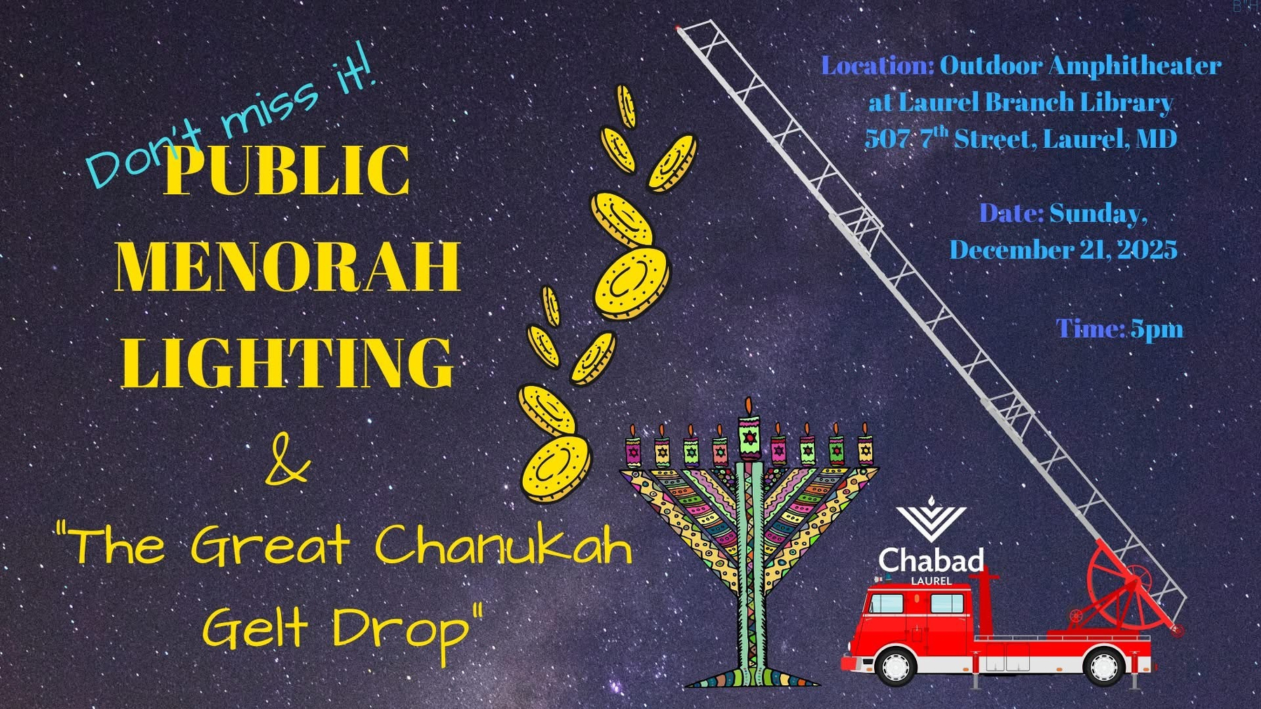 Auto-generated description: A promotional graphic for a public menorah lighting and The Great Chanukah Gelt Drop event, featuring details about the date, time, and location, with illustrations of a menorah, a fire truck, and falling coins.