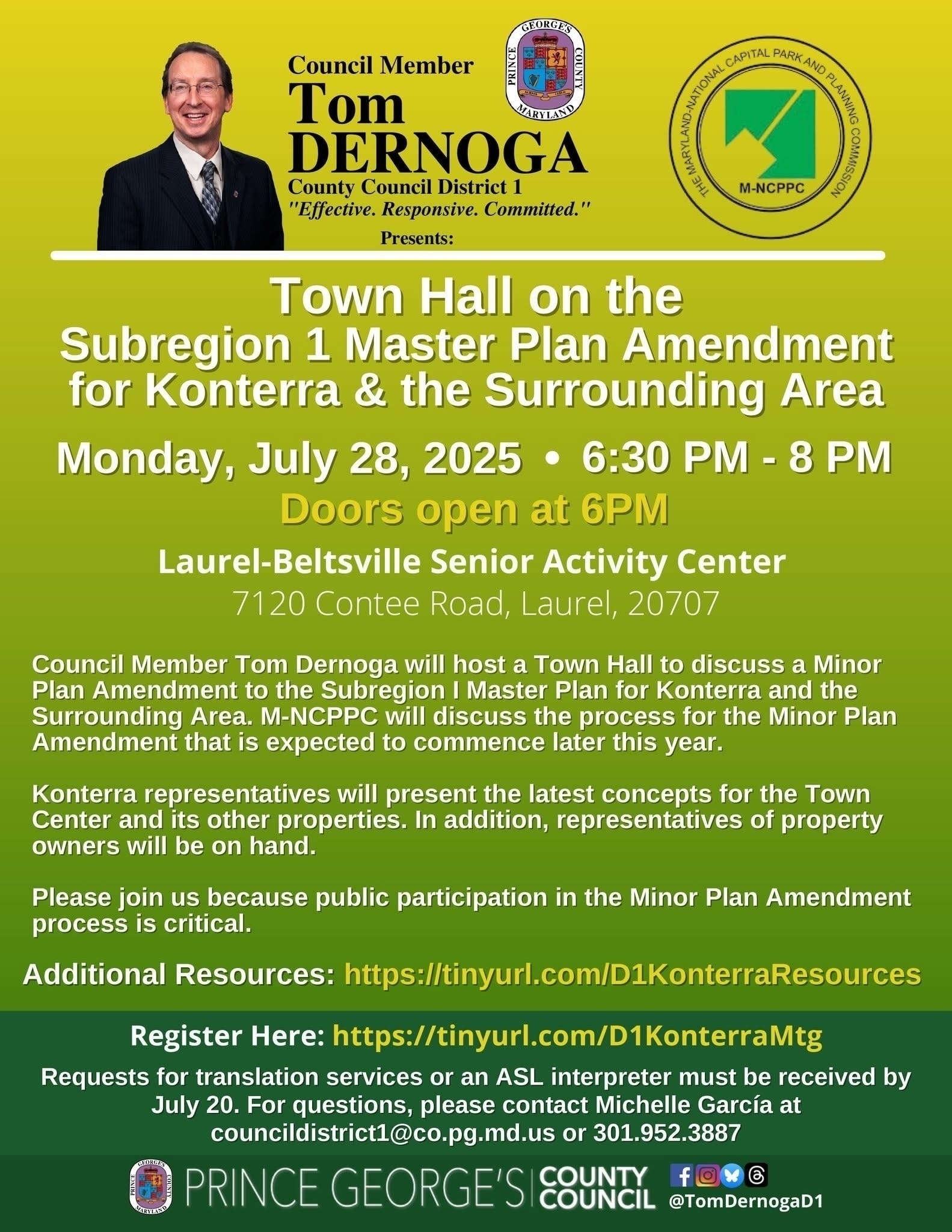 Auto-generated description: A town hall meeting for the Subregion 1 Master Plan Amendment discussing Konterra and the surrounding area is advertised for July 28, 2025, hosted by Council Member Tom Dernoga at the Laurel-Beltsville Senior Activity Center.