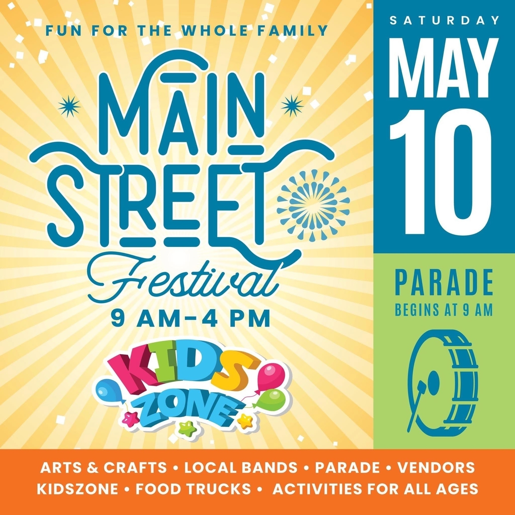 Auto-generated description: A colorful festival poster announces Main Street Festival with details about activities, date, and time.