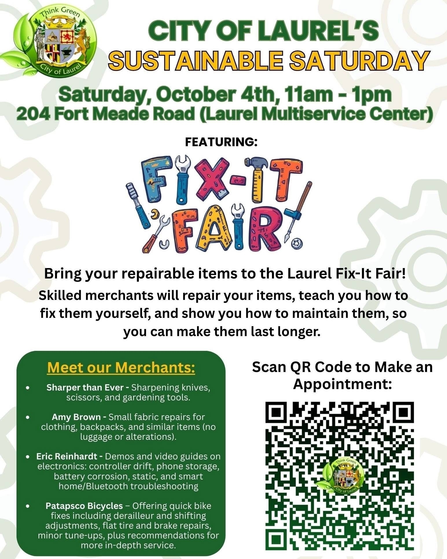 Auto-generated description: A poster for the City of Laurel's Sustainable Saturday Fix-It Fair on October 4th, featuring merchants who repair various items and promote sustainability.