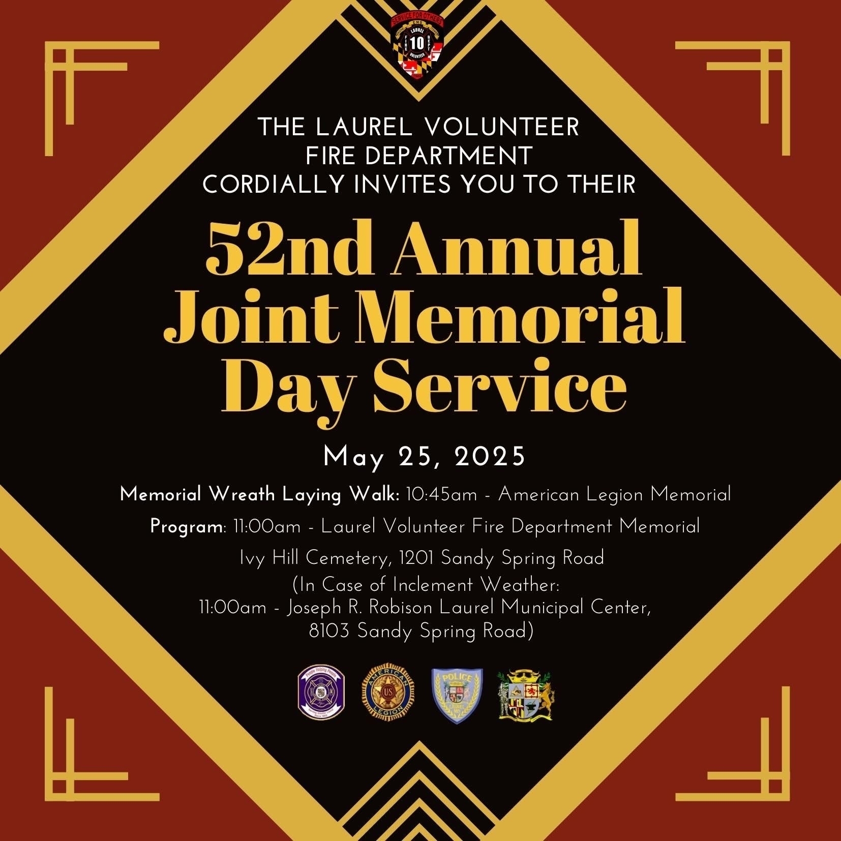 Auto-generated description: The flyer is an invitation to the Laurel Volunteer Fire Department's 52nd Annual Joint Memorial Day Service on May 25, 2025, with details about the wreath laying and program schedule.