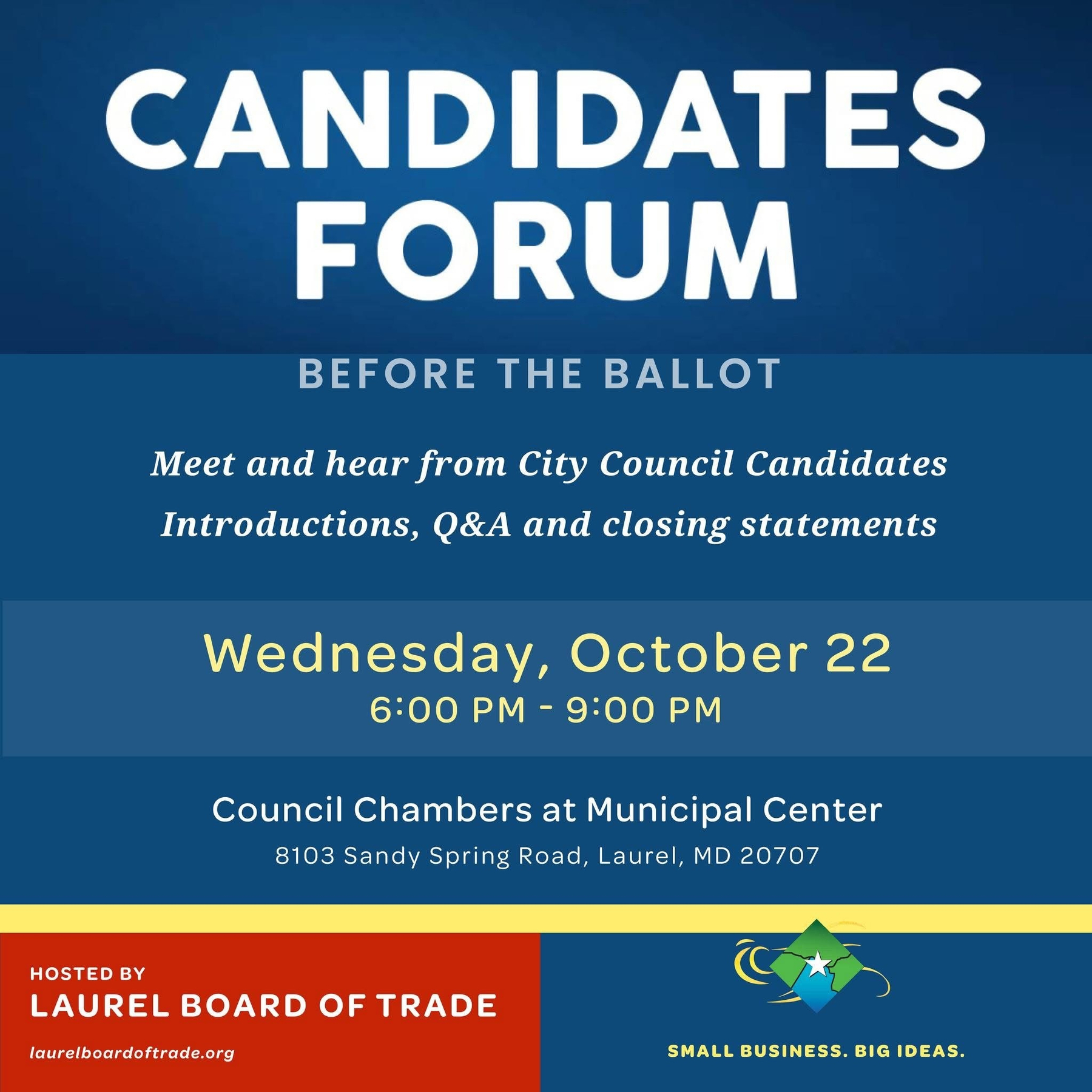 Auto-generated description: A promotional graphic for a Candidates Forum event hosted by the Laurel Board of Trade provides details of date, time, and location.