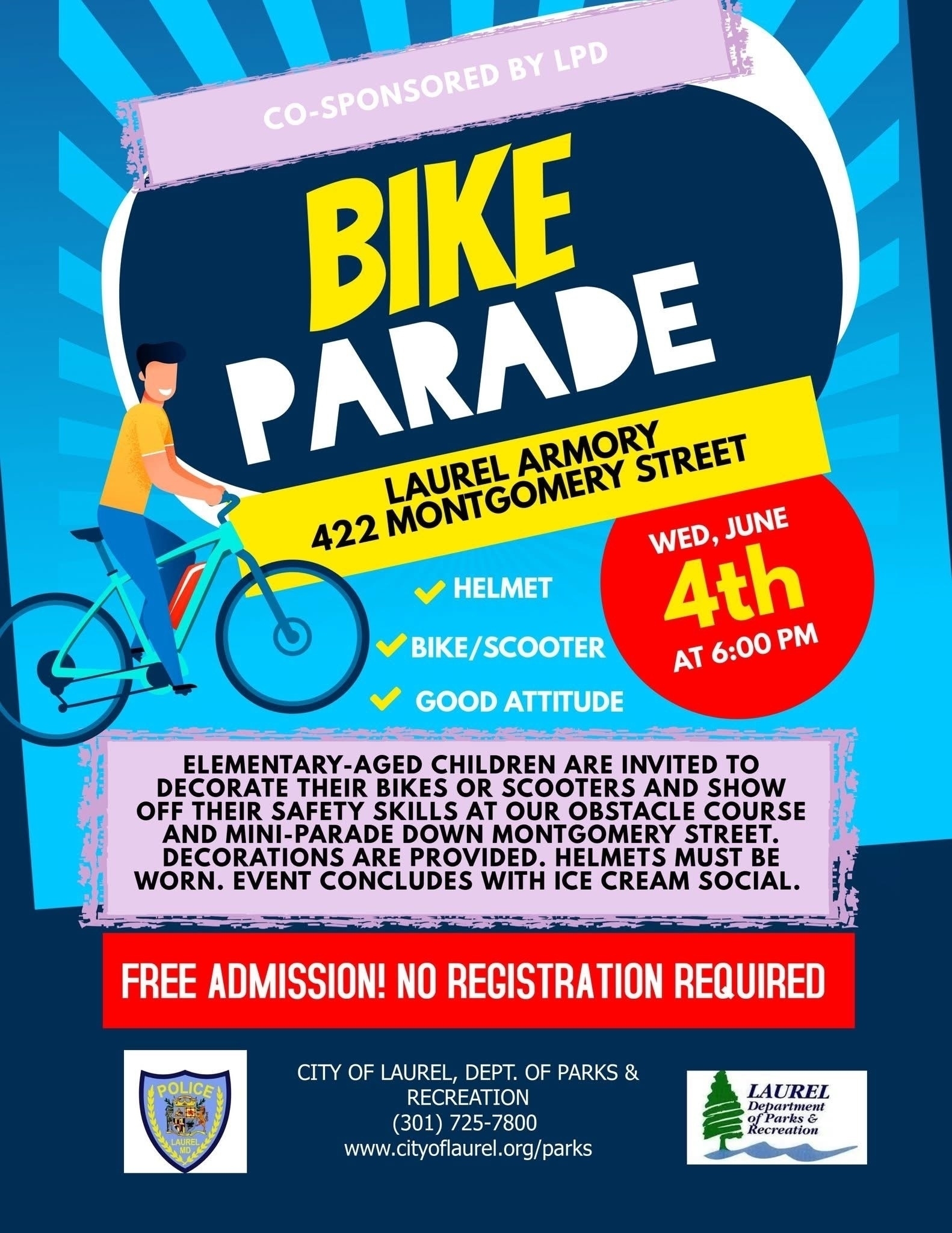 Auto-generated description: A poster advertises a Bike Parade event for elementary-aged children, requiring helmets, bikes or scooters, and a good attitude, happening on Wednesday, June 4th at 6:00 PM at Laurel Armory, with free admission and no registration needed.