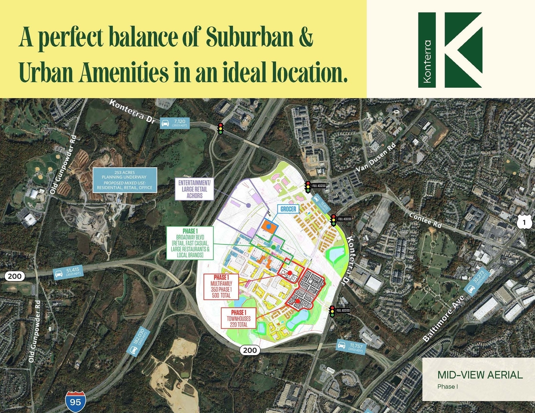 Auto-generated description: Aerial map highlighting a planned development with marked phases and adjacent suburban and urban areas.