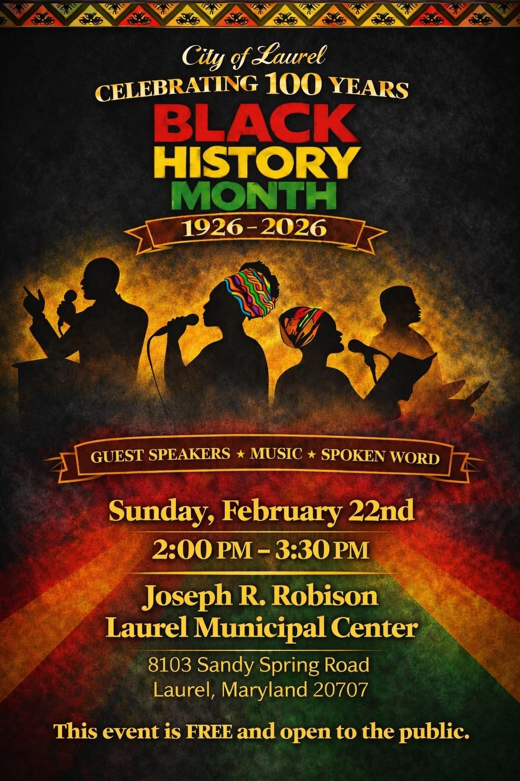 Auto-generated description: A vibrant poster commemorating Black History Month and Laurel's centennial features silhouettes of people speaking and performing, with details of an event on February 22nd at the Laurel Municipal Center.