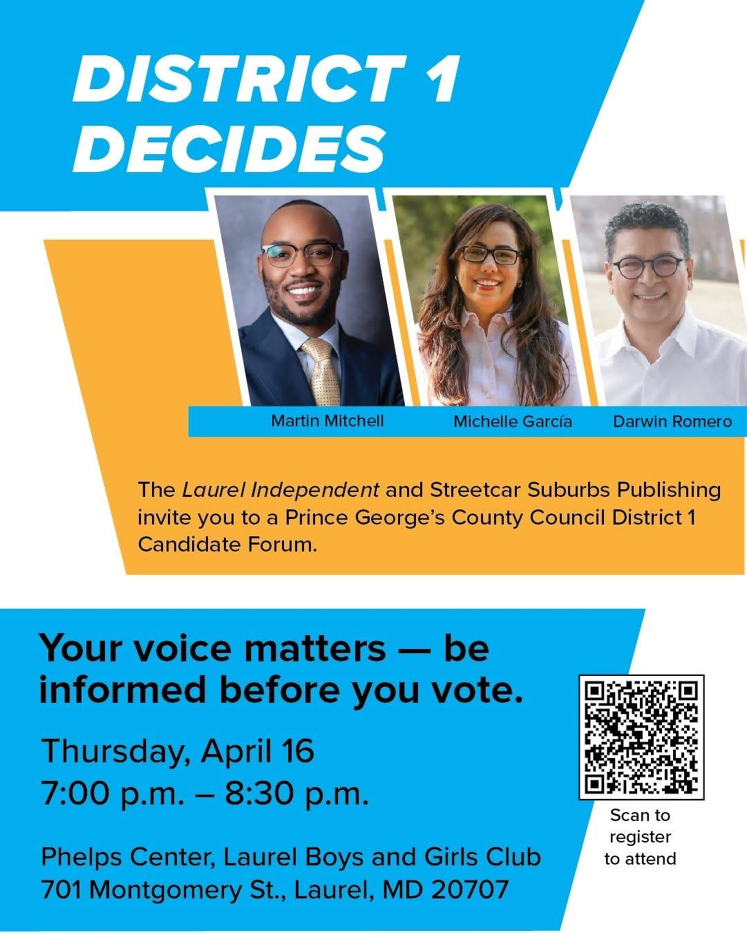 Auto-generated description: An event invitation features three individuals, Martin Mitchell, Michelle García, and Darwin Romero, encouraging attendance for a Prince George's County Council District 1 Candidate Forum.