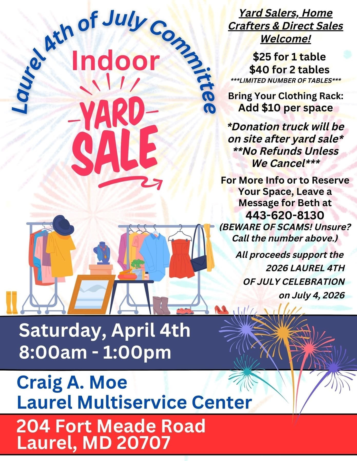 Auto-generated description: An indoor yard sale event is being advertised with details on location, table pricing, and donation opportunities.