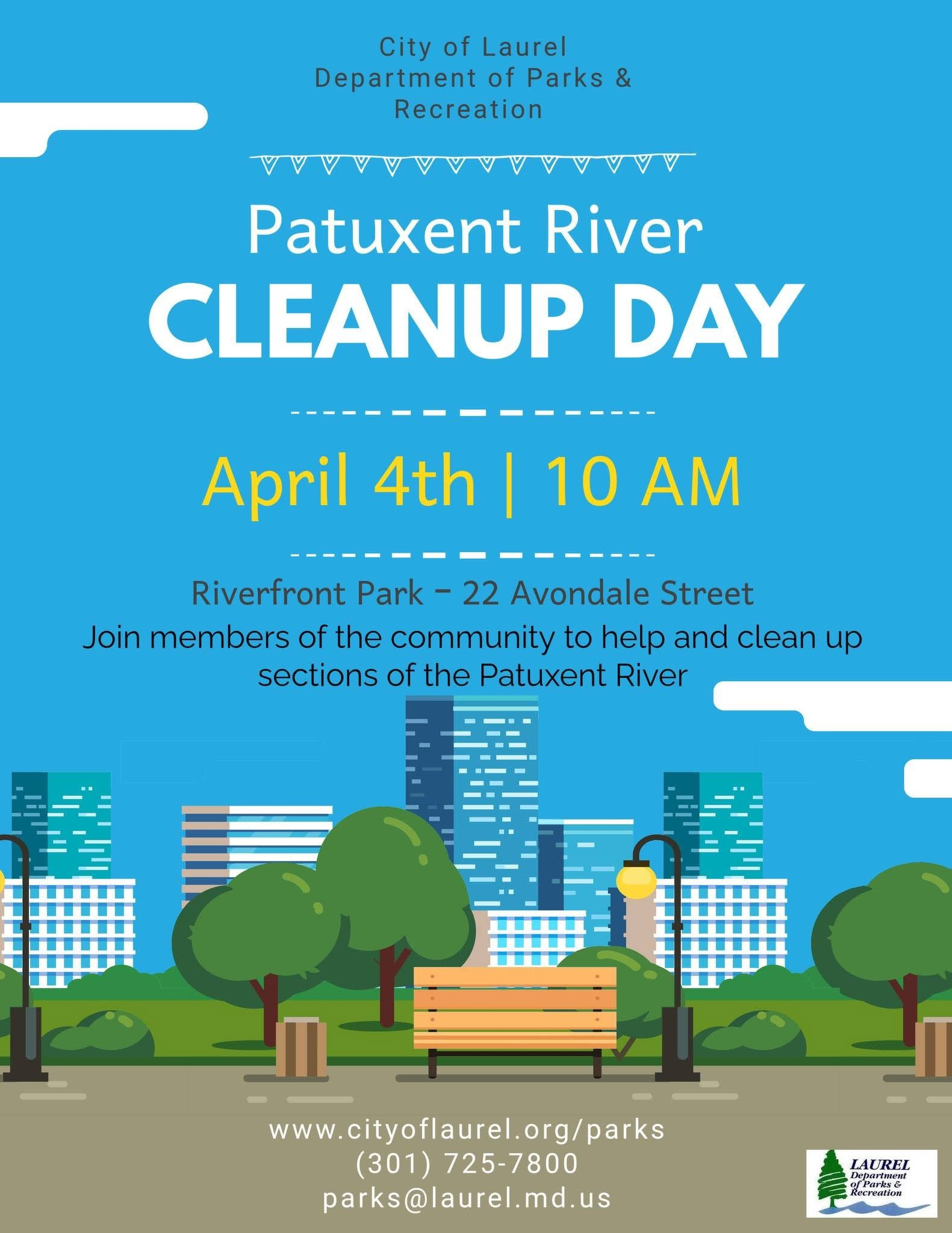 Auto-generated description: A promotional poster for Patuxent River Cleanup Day on April 4th at 10 AM, featuring an illustration of a park, with trees and benches, and contact information at the bottom.