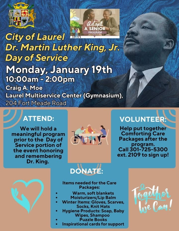 Auto-generated description: A flyer for the City of Laurel's Dr. Martin Luther King Jr. Day of Service includes event details, volunteer opportunities, and donation needs.