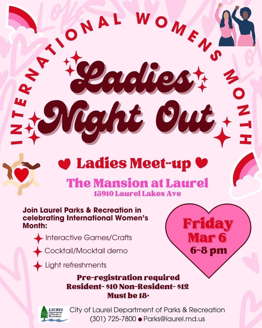 Auto-generated description: An advertisement promotes a Ladies Night Out event celebrating International Women's Month with activities like games, crafts, and a cocktail/mocktail demo at The Mansion at Laurel.