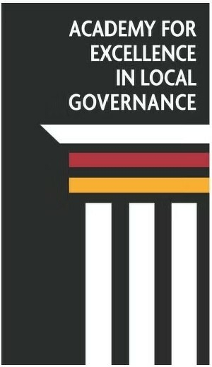 Auto-generated description: A logo for the Academy for Excellence in Local Governance featuring a stylized column and stripes against a black background.