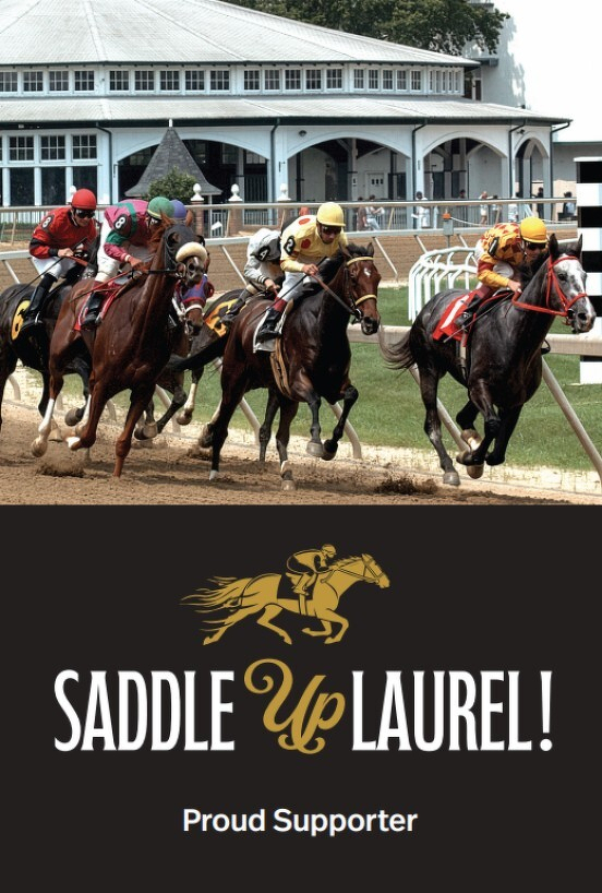 Auto-generated description: Jockeys race horses on a dirt track in front of a grandstand, with text below promoting Saddle Up Laurel! as a proud supporter.